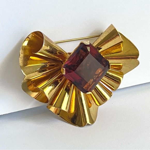 Vintage Gold Vermeil Ruffle Brooch Sterling Silver Princess Cut Garnet Glass Pin - Picture 4 of 11